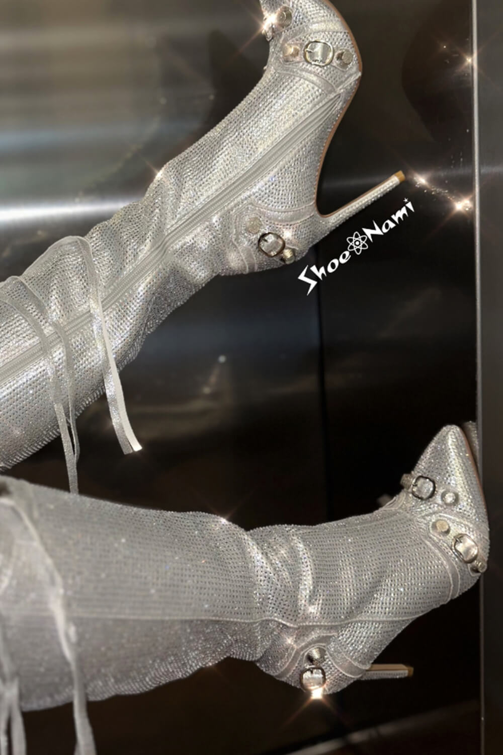 Rhinestone Embellished Faux Suede Knee High Pointed Toe Stiletto Boots With Studs And Pin Buckle Strap Details - Silver