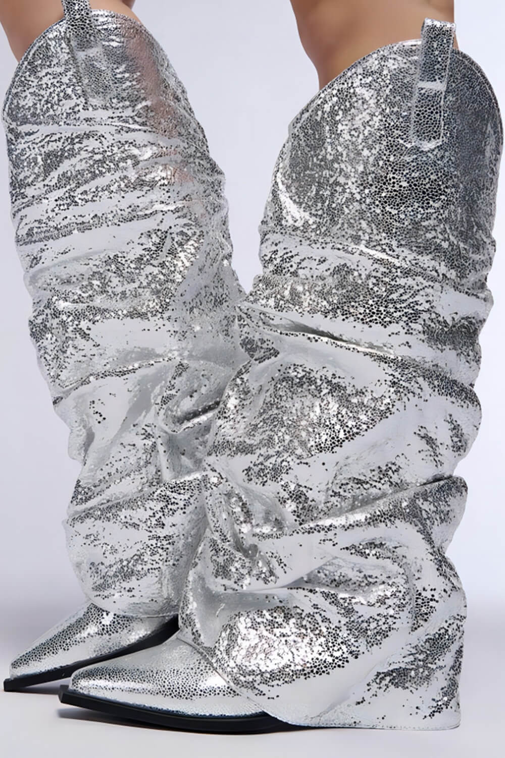Metallic Silver Foldover Scrunch Shaft Western Booties