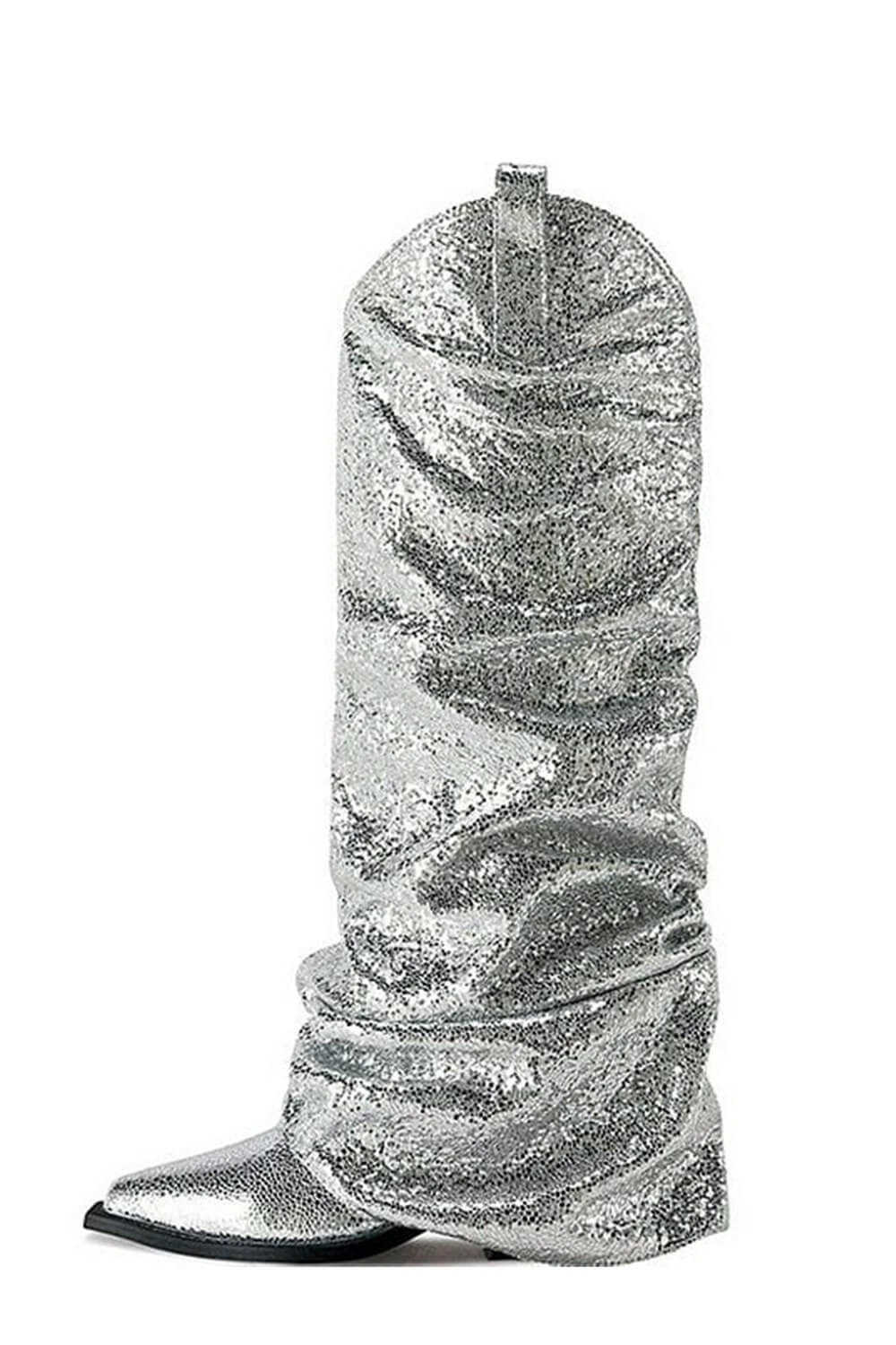 Metallic Silver Foldover Scrunch Shaft Western Booties