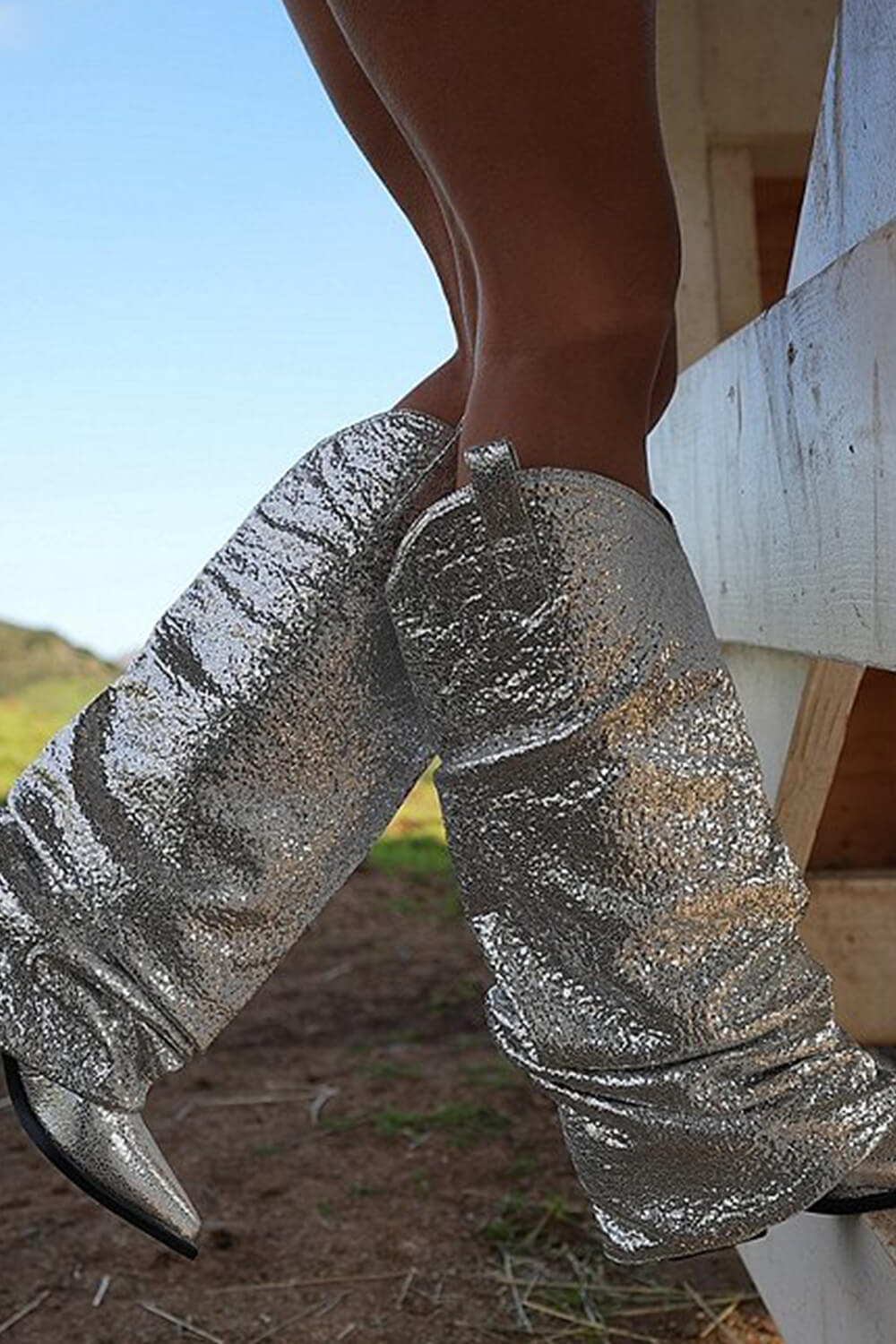 Metallic Silver Foldover Scrunch Shaft Western Booties