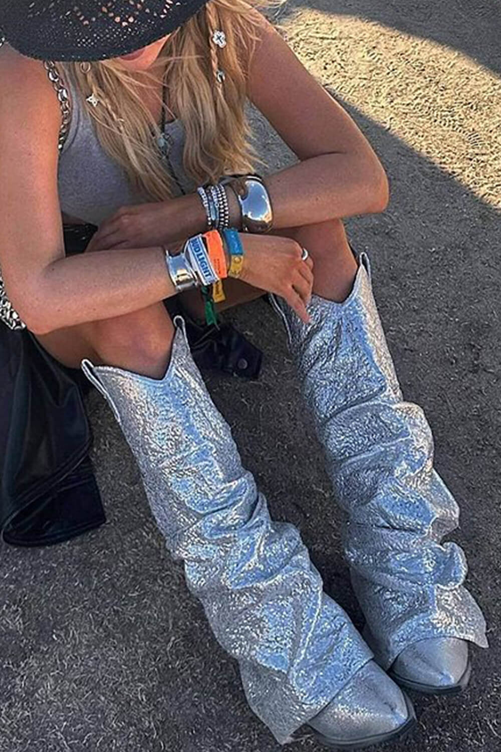 Metallic Silver Foldover Scrunch Shaft Western Booties