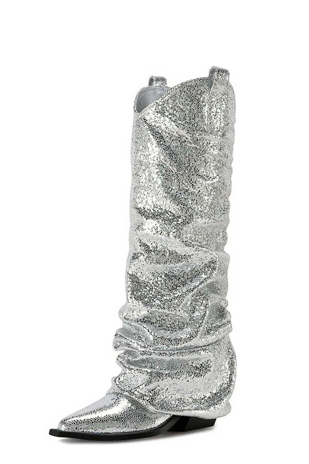 Metallic Silver Foldover Scrunch Shaft Western Booties
