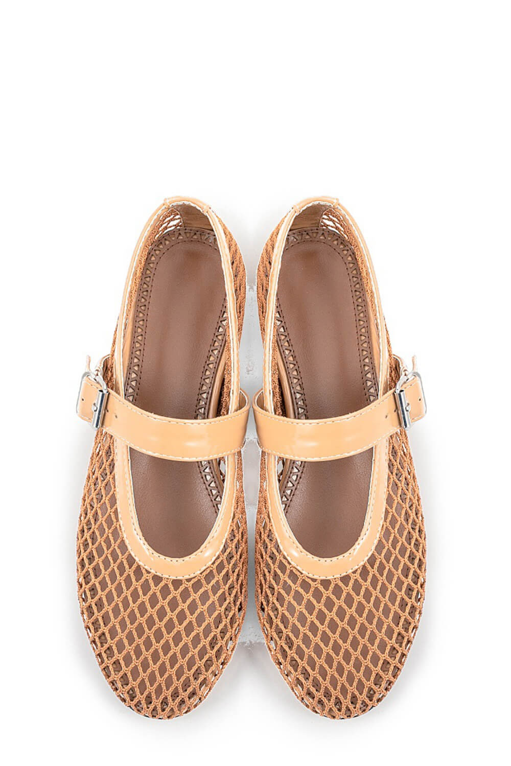Faux Patent Leather Fishnet Mesh Ballet Flats - Brown