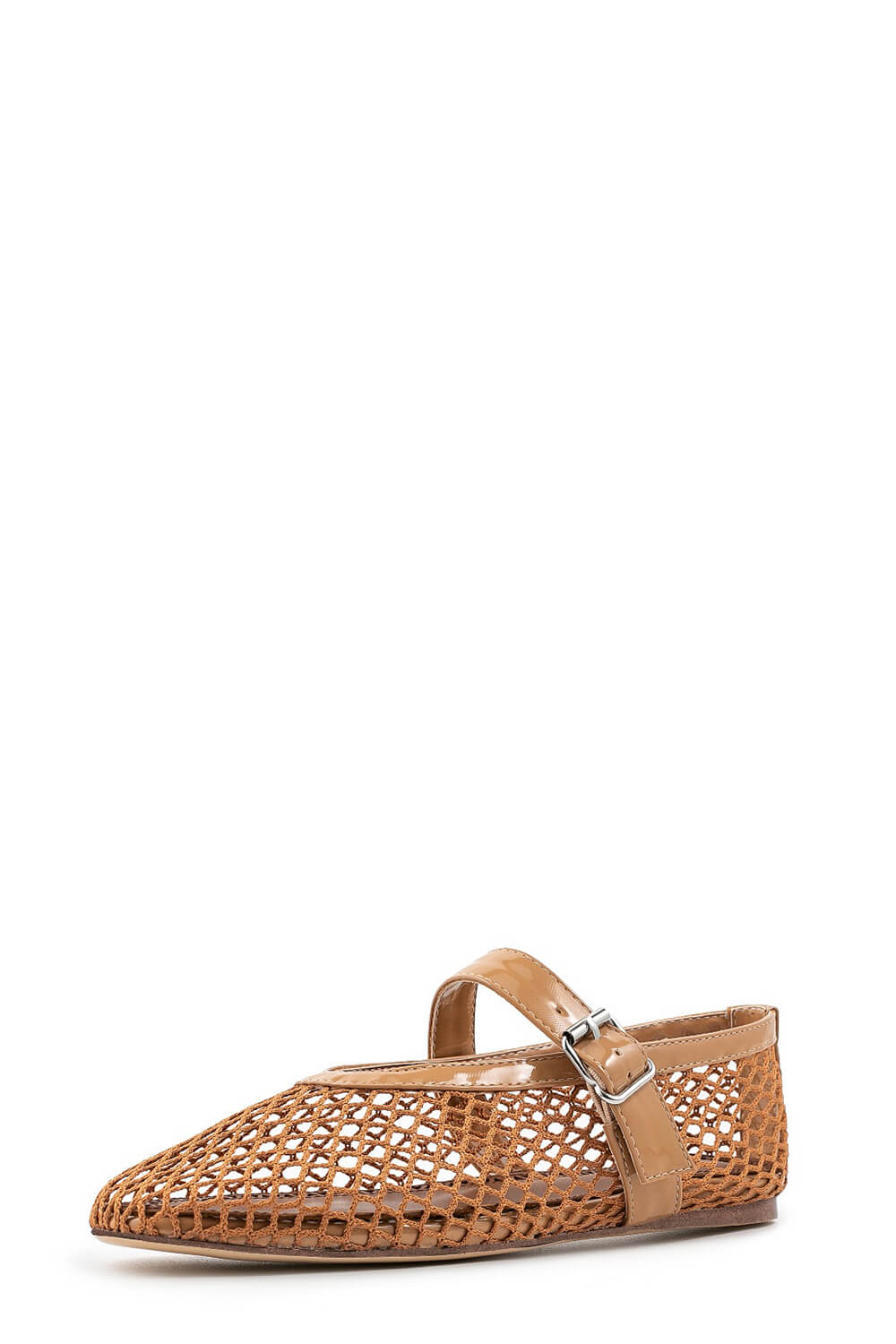Faux Patent Leather Fishnet Mesh Ballet Flats - Brown