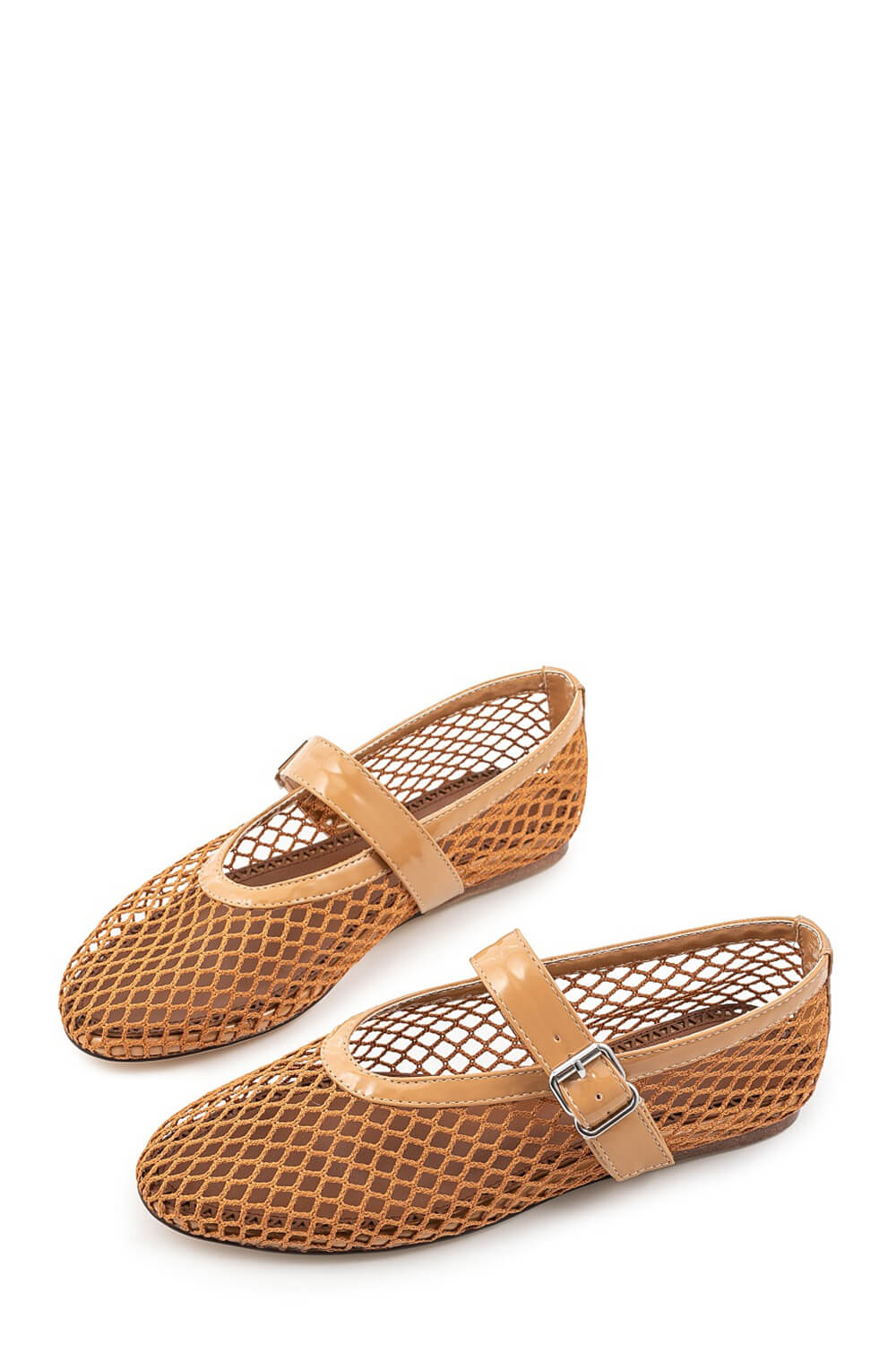 Faux Patent Leather Fishnet Mesh Ballet Flats - Brown