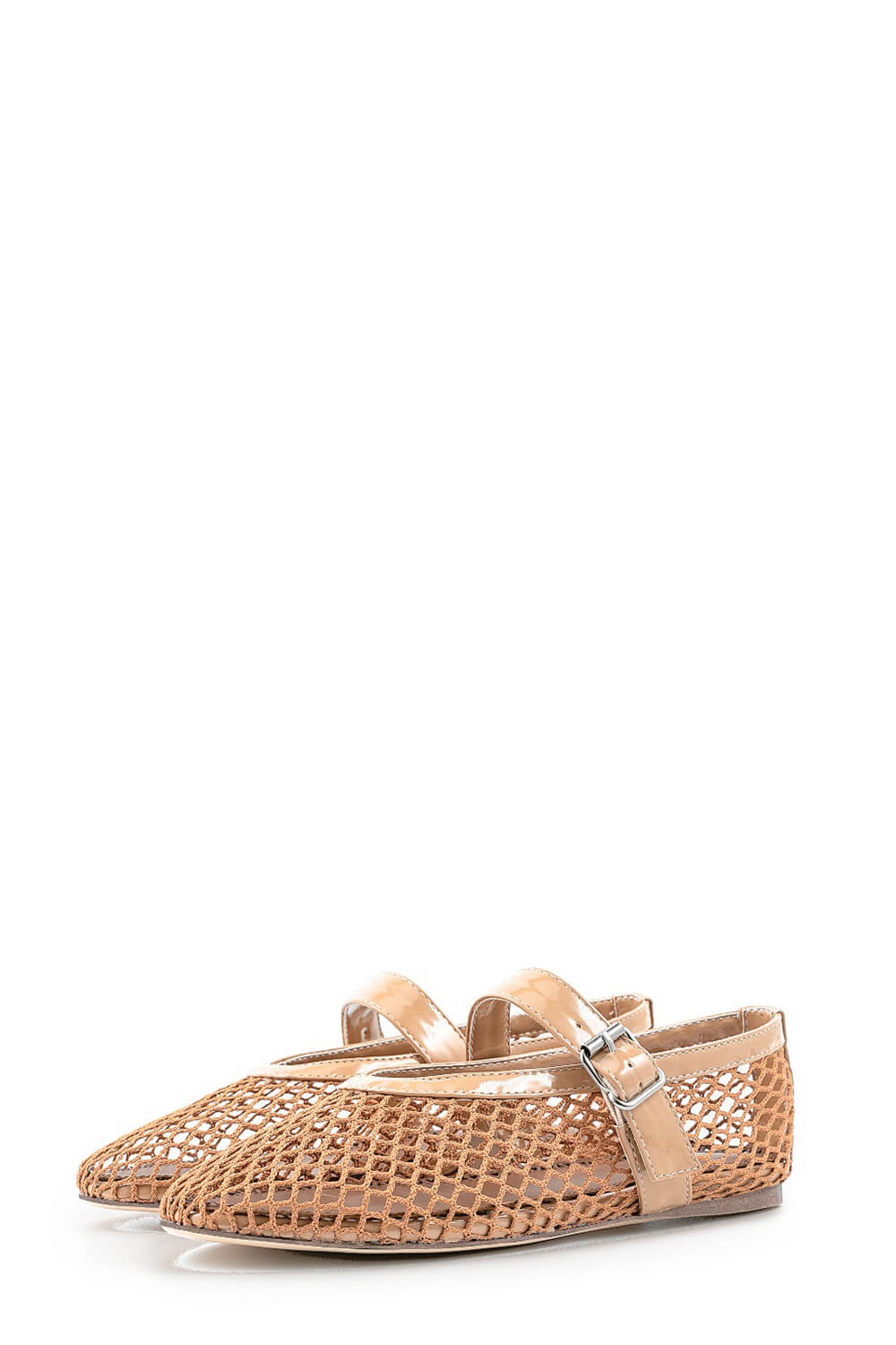 Faux Patent Leather Fishnet Mesh Ballet Flats - Brown