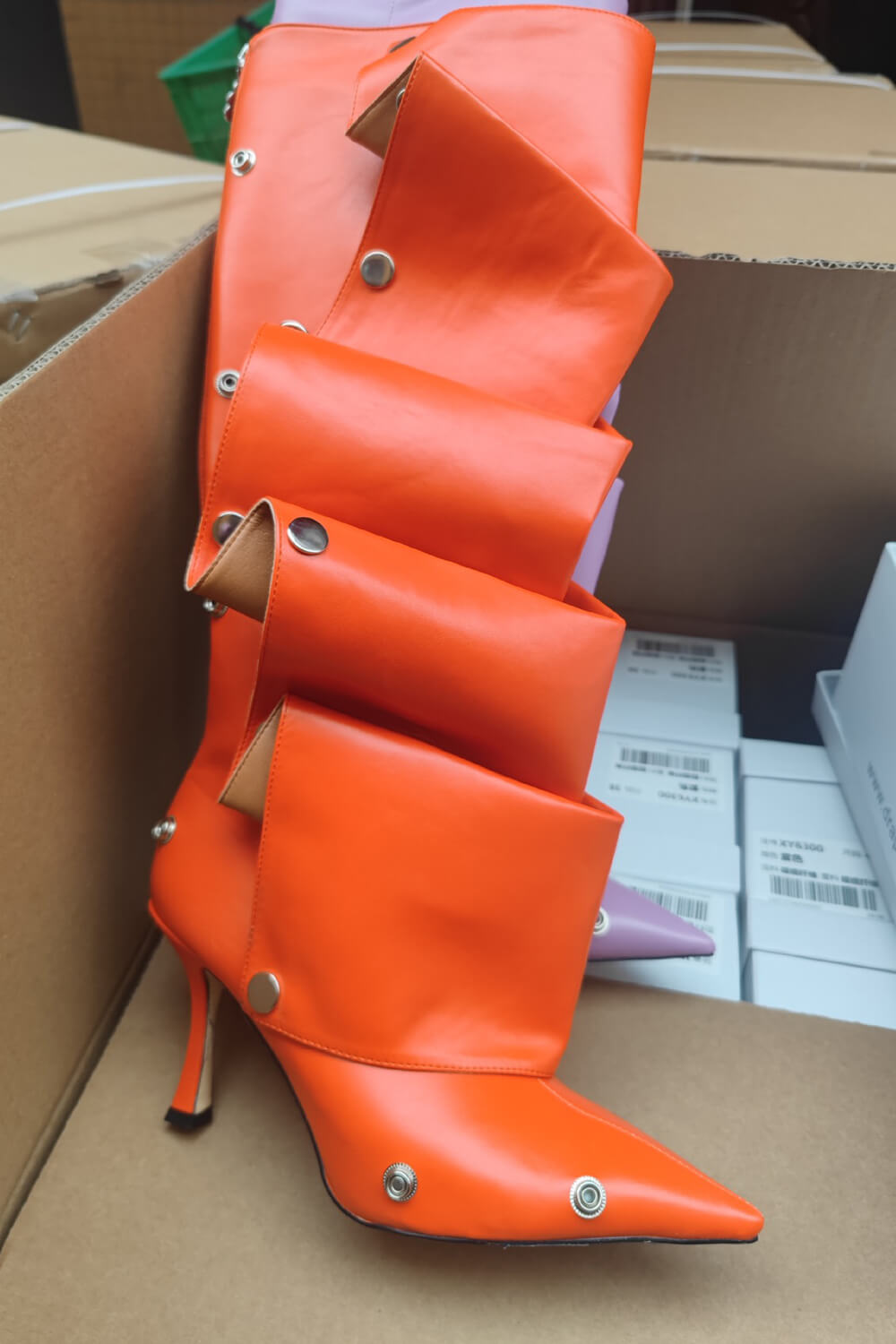 Ruffled Popper Detail Knee High Stiletto Boots