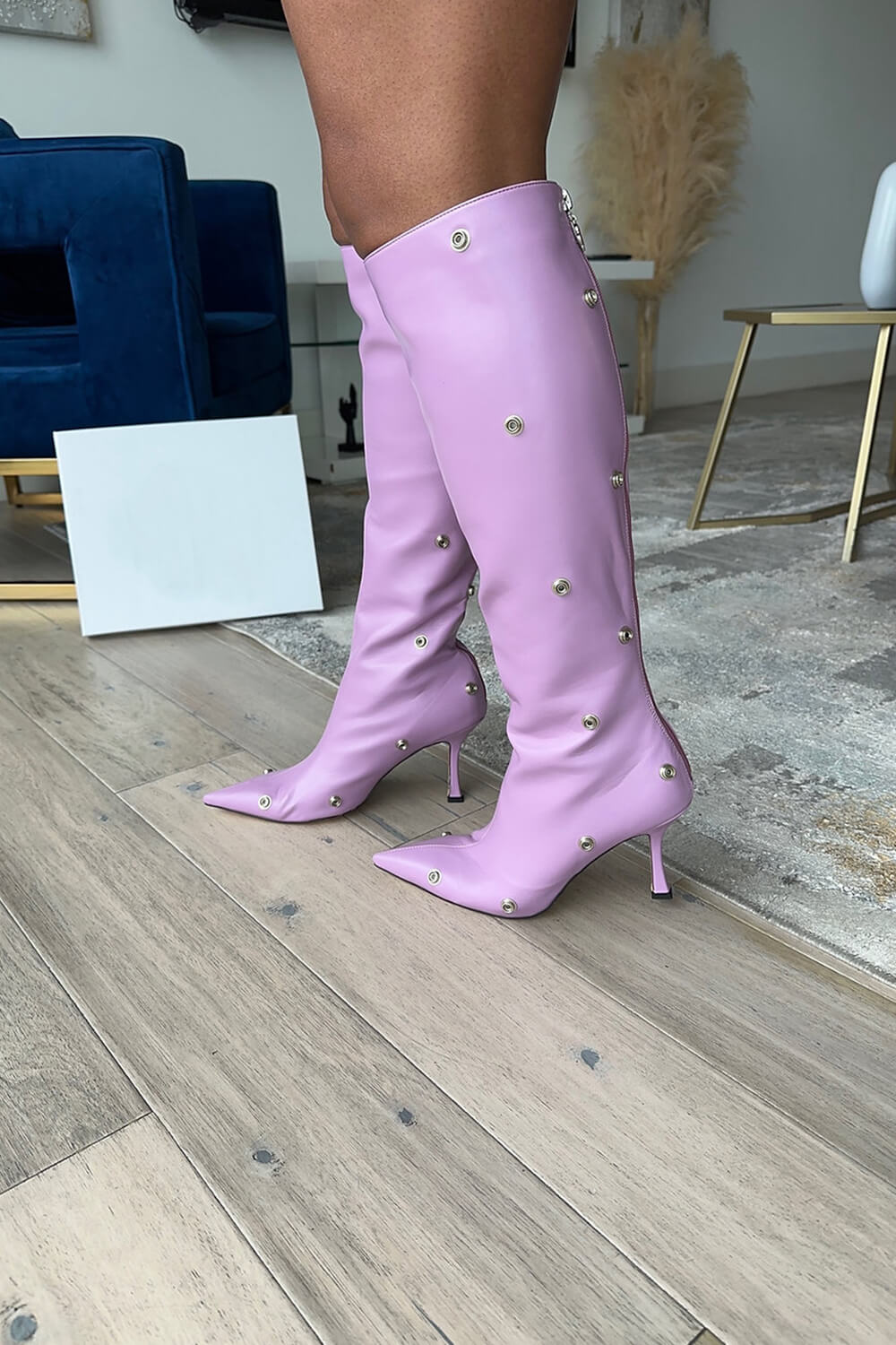 Ruffled Popper Detail Knee High Stiletto Boots