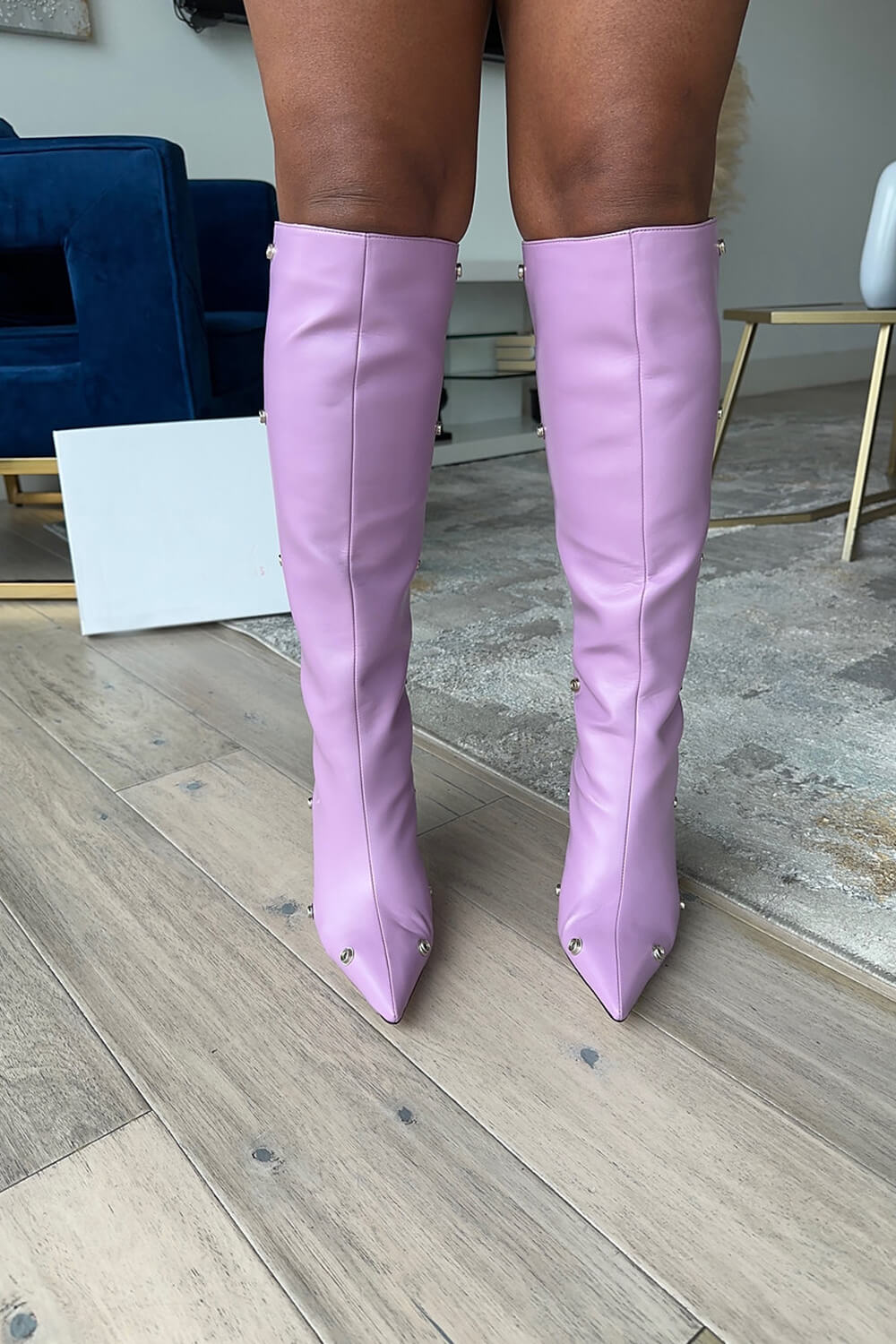 Ruffled Popper Detail Knee High Stiletto Boots