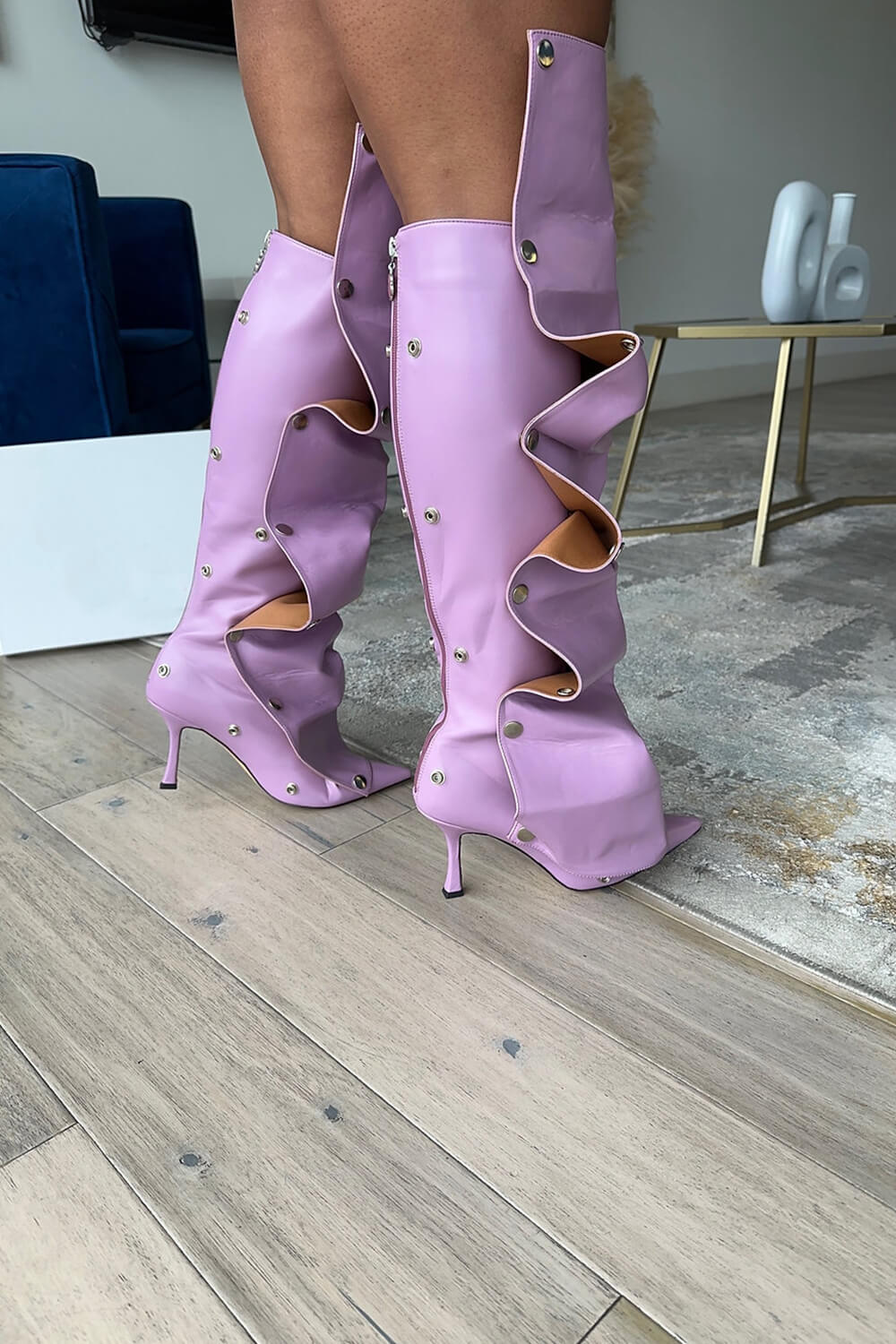 Ruffled Popper Detail Knee High Stiletto Boots