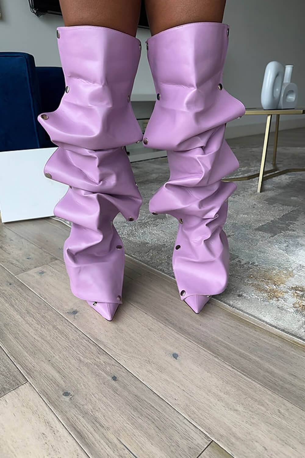 Ruffled Popper Detail Knee High Stiletto Boots