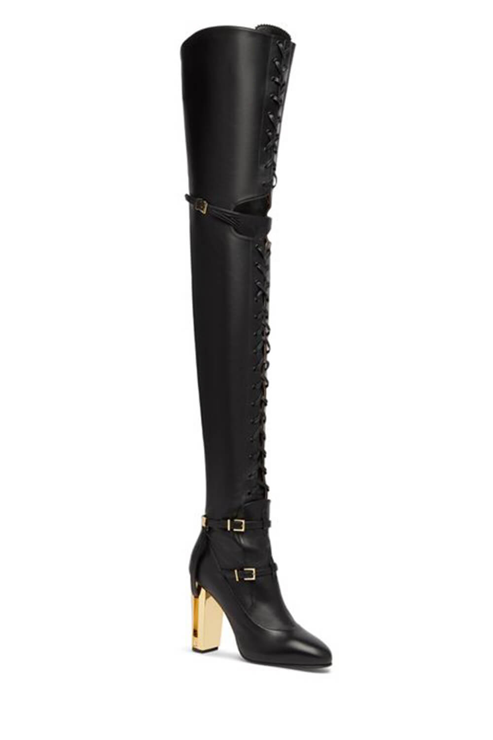 Calfskin Leather Buckle Belt Lace Up Cut Out Over-The-Knee Boots