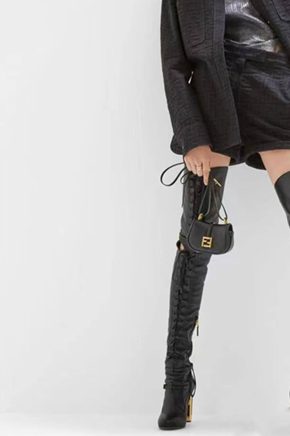 Calfskin Leather Buckle Belt Lace Up Cut Out Over-The-Knee Boots