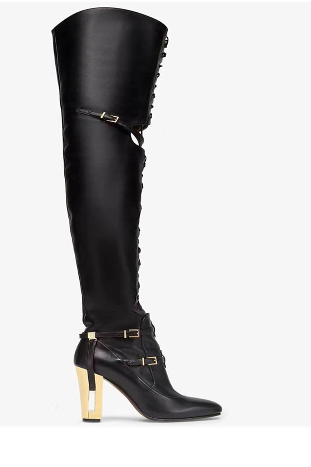 Calfskin Leather Buckle Belt Lace Up Cut Out Over-The-Knee Boots