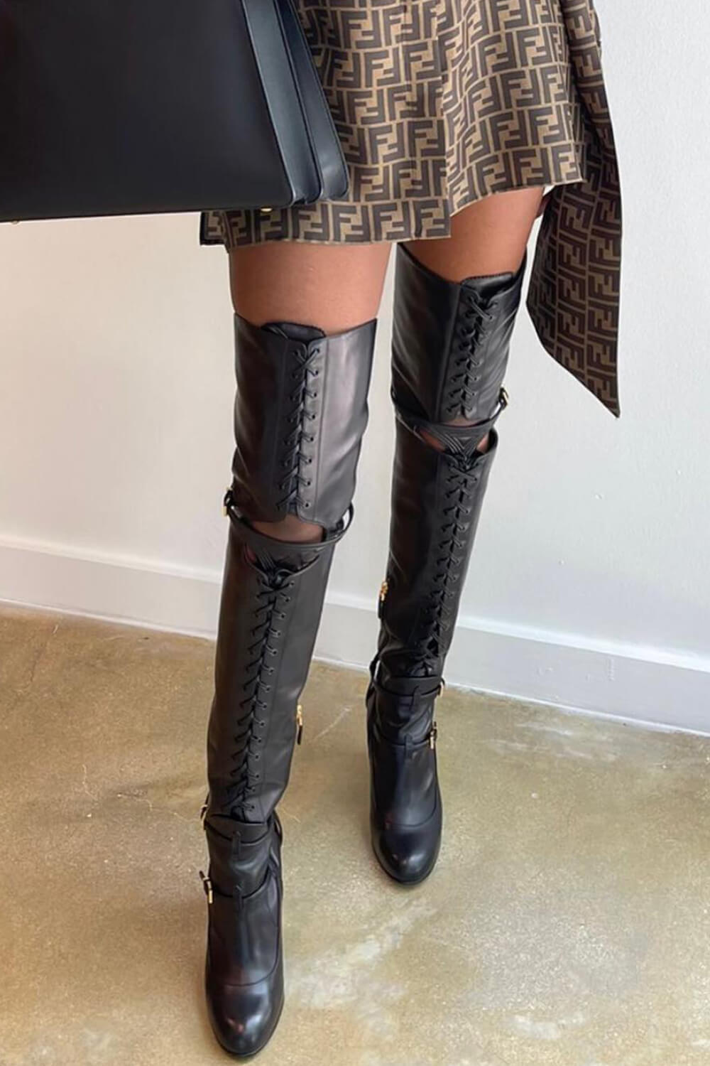 Calfskin Leather Buckle Belt Lace Up Cut Out Over-The-Knee Boots