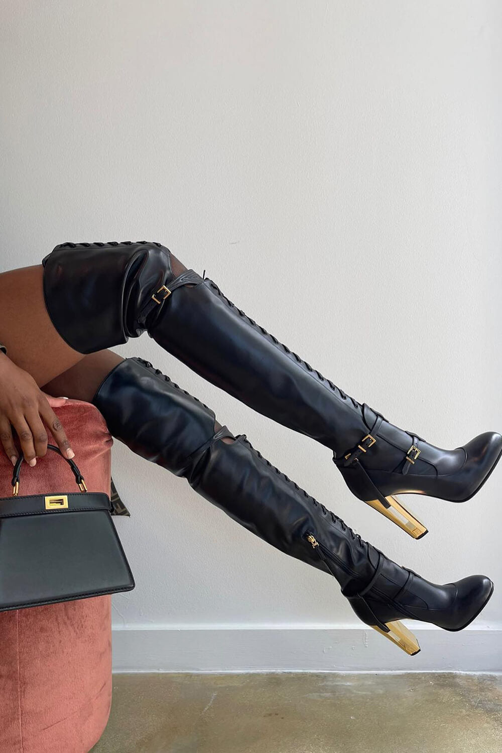 Calfskin Leather Buckle Belt Lace Up Cut Out Over-The-Knee Boots