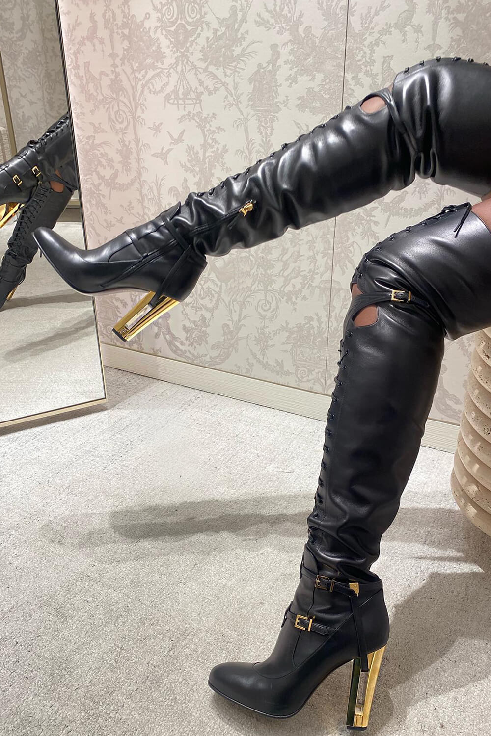 Calfskin Leather Buckle Belt Lace Up Cut Out Over-The-Knee Boots