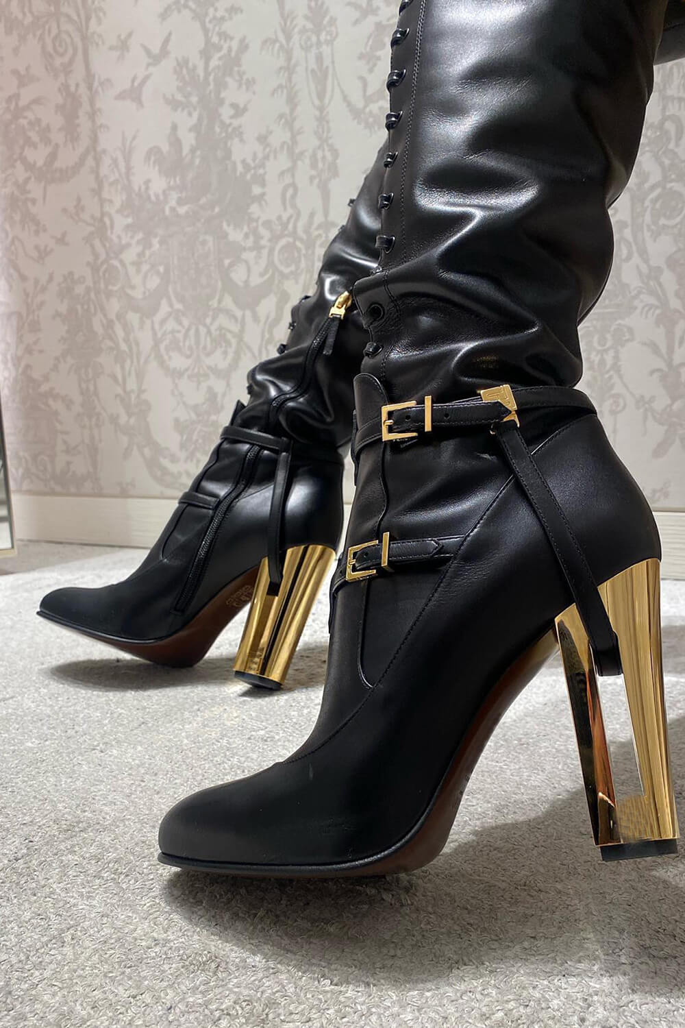Calfskin Leather Buckle Belt Lace Up Cut Out Over-The-Knee Boots