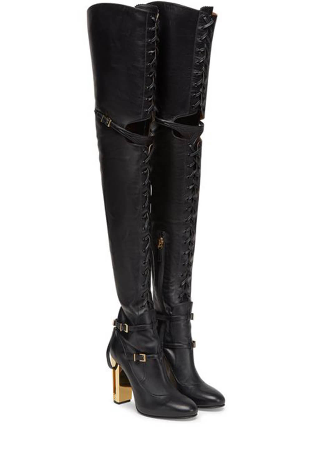 Calfskin Leather Buckle Belt Lace Up Cut Out Over-The-Knee Boots
