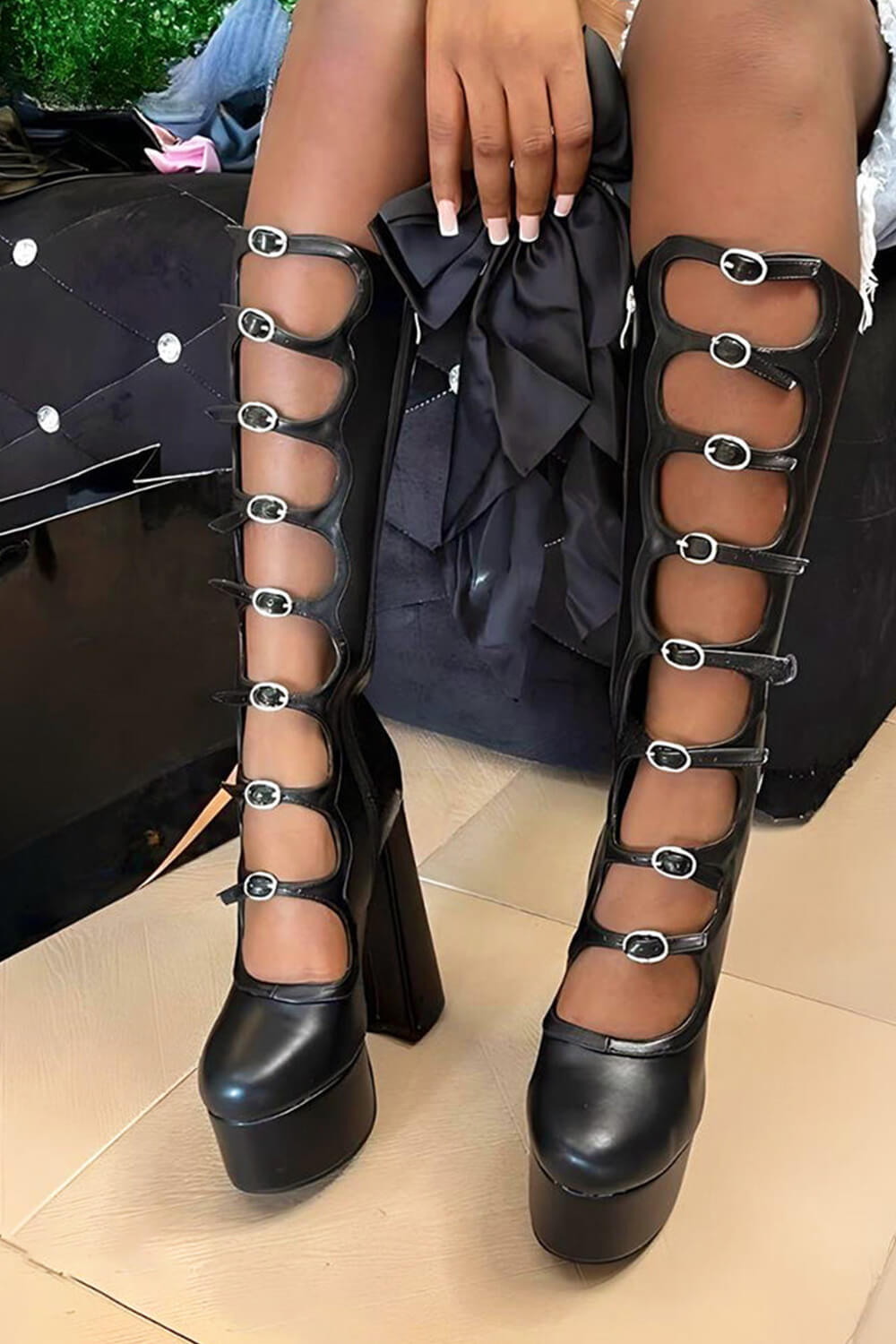 Faux Leather Multi Strap Fastened Up Platform Knee High Boots