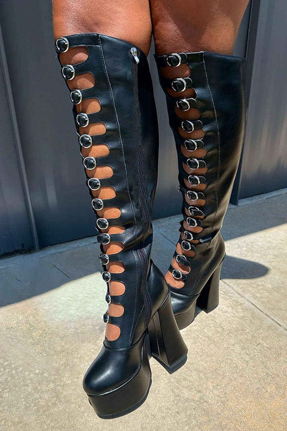 Faux Leather Multi Strap Fastened Up Platform Knee High Boots