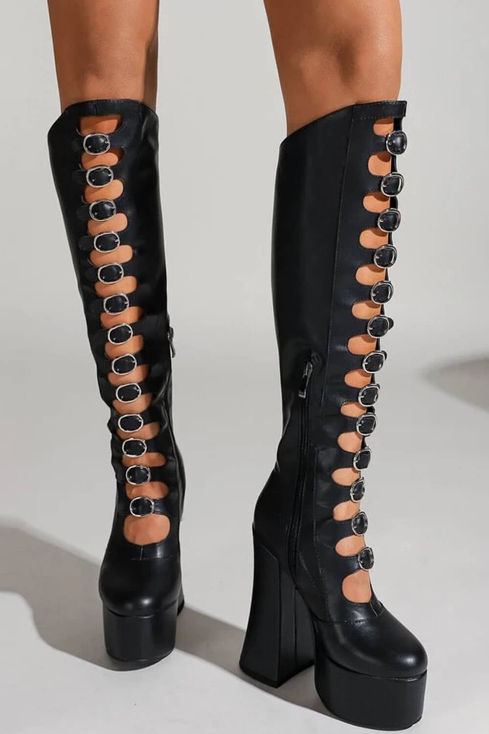 Faux Leather Multi Strap Fastened Up Platform Knee High Boots