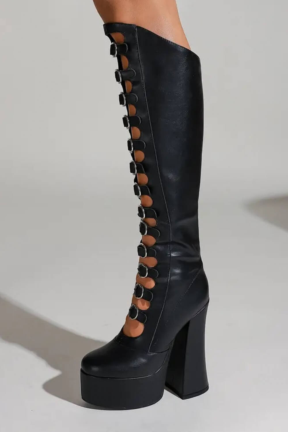 Faux Leather Multi Strap Fastened Up Platform Knee High Boots