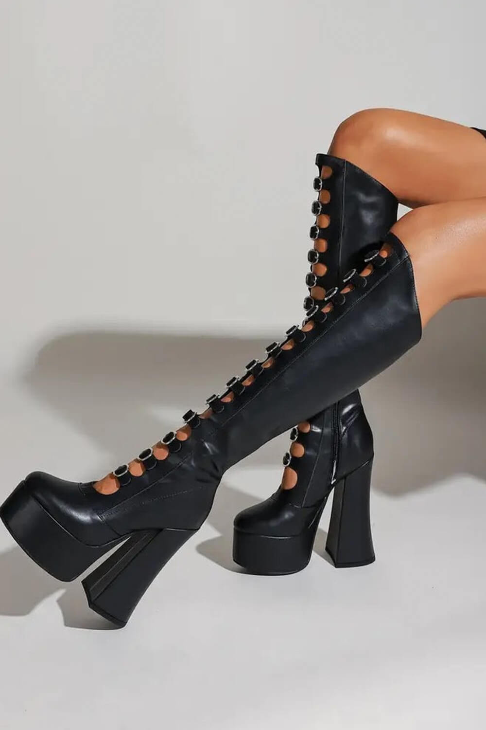 Faux Leather Multi Strap Fastened Up Platform Knee High Boots