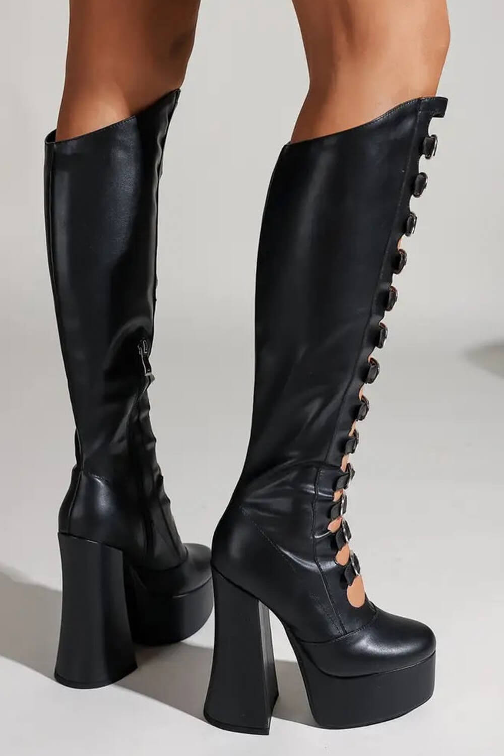 Faux Leather Multi Strap Fastened Up Platform Knee High Boots