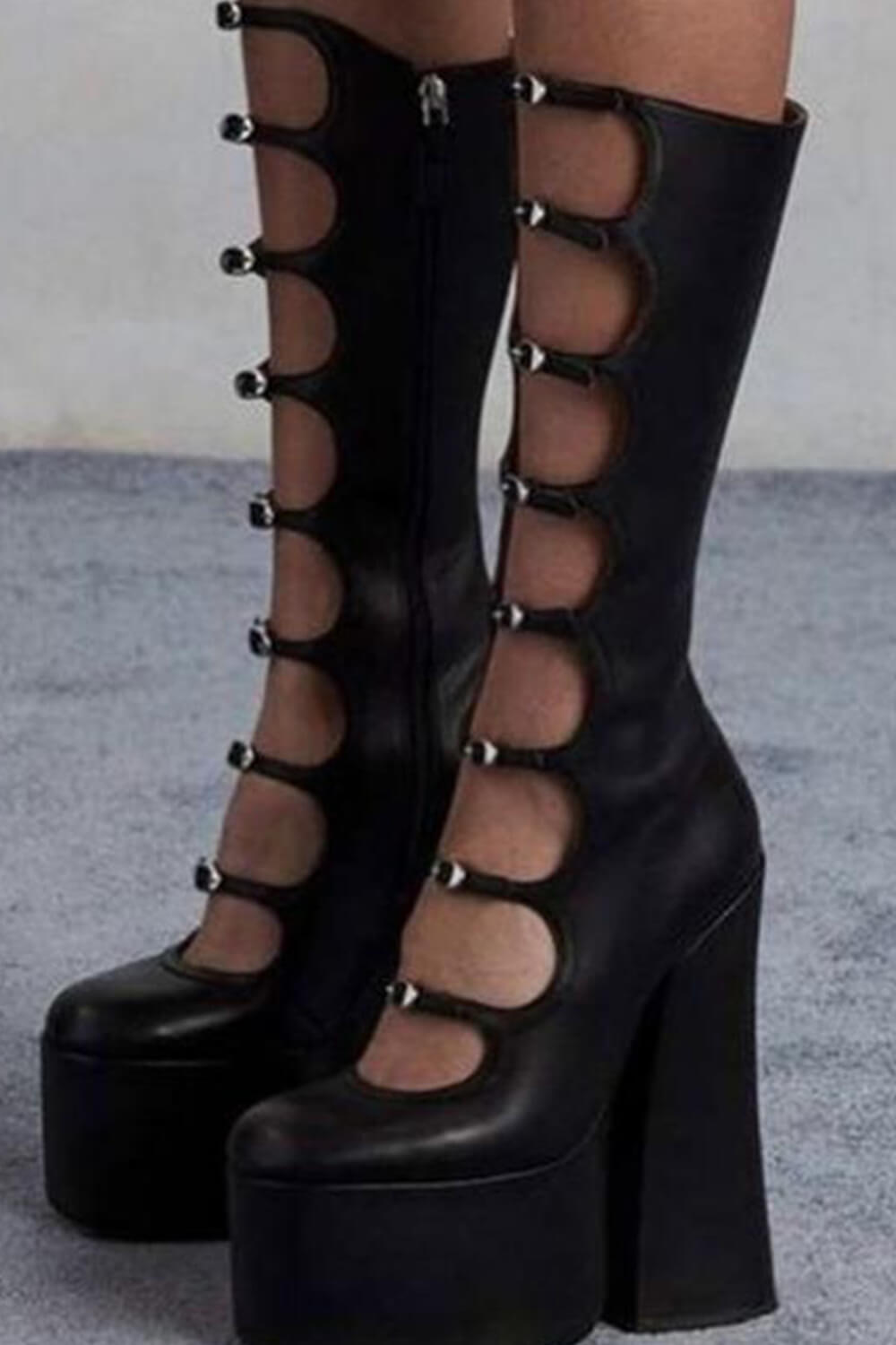 Faux Leather Multi Strap Fastened Up Platform Knee High Boots