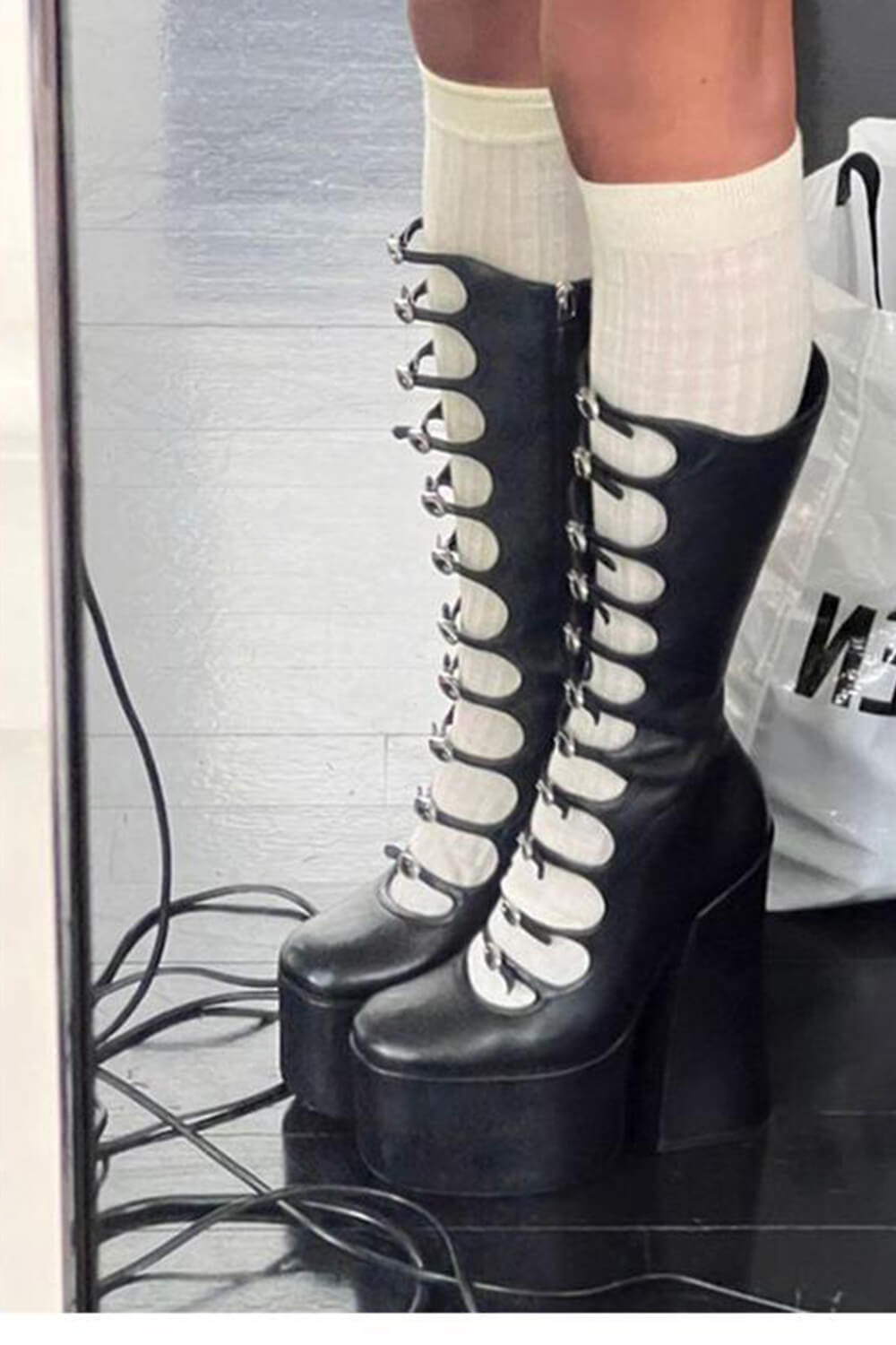 Faux Leather Multi Strap Fastened Up Platform Knee High Boots