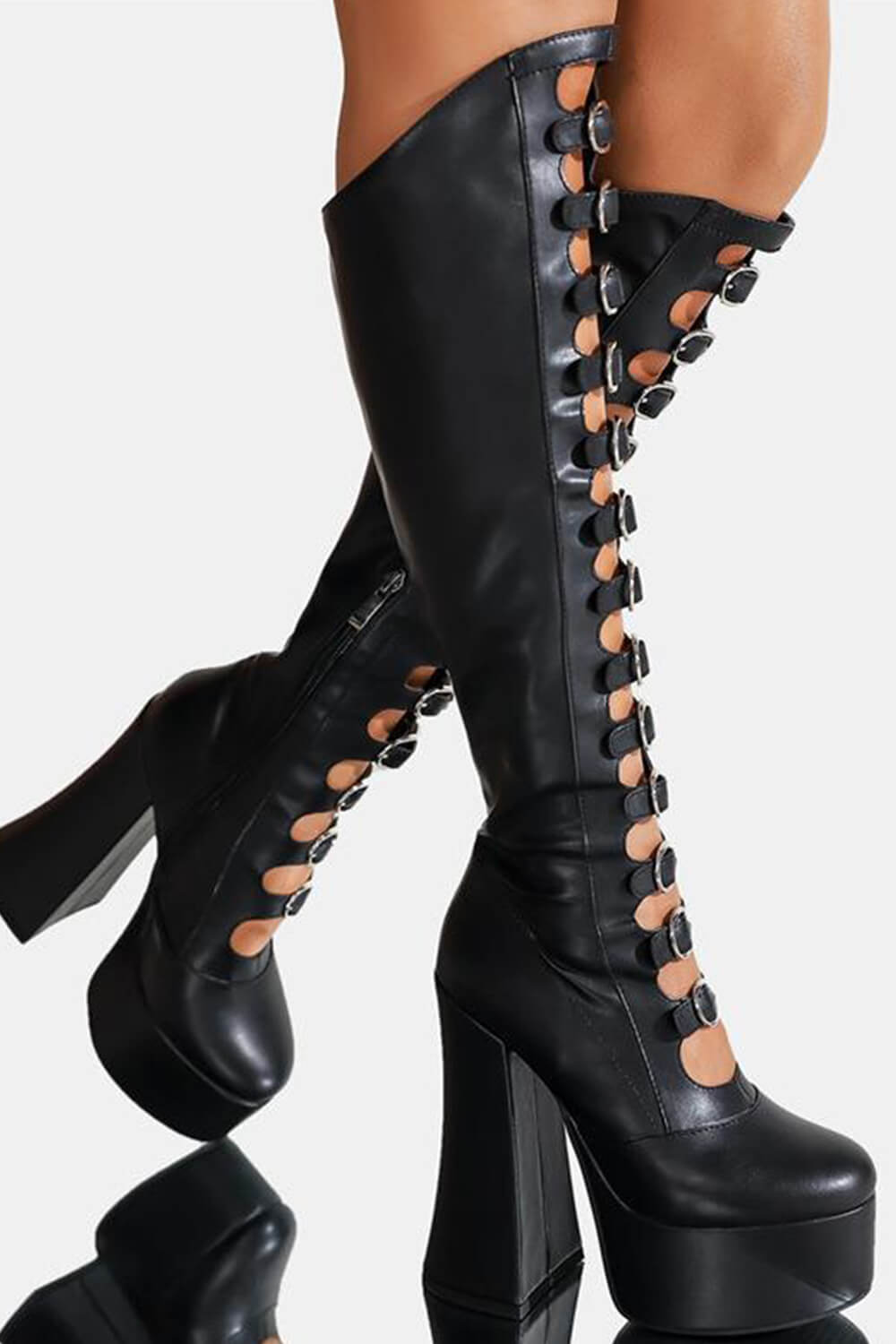 Faux Leather Multi Strap Fastened Up Platform Knee High Boots