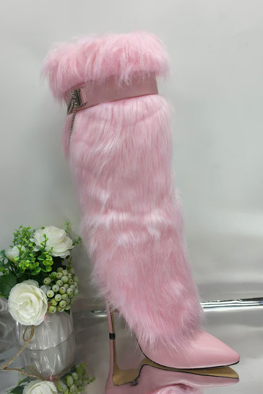 Belted Chain Folded Faux Fur Stiletto Knee High Boots