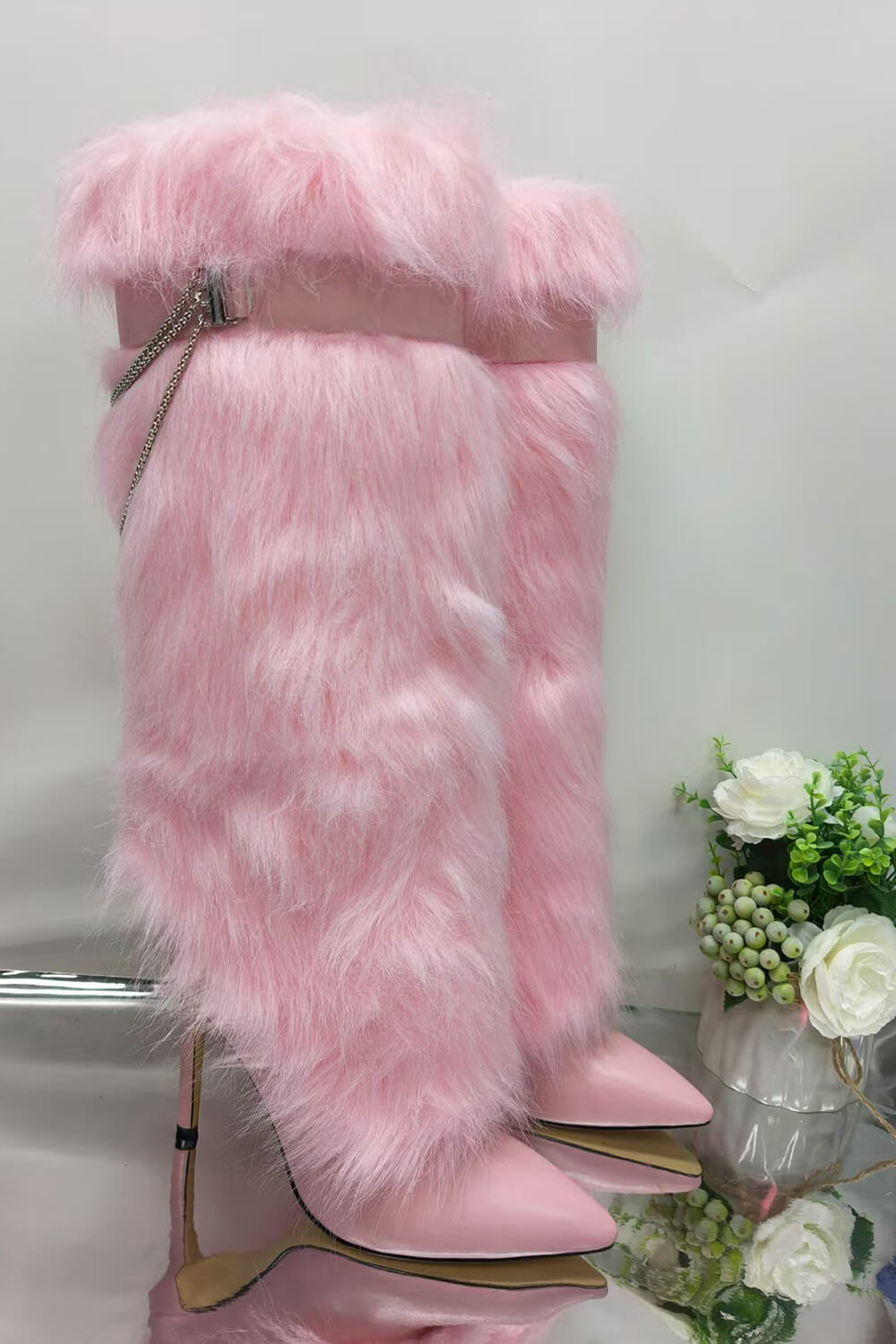 Belted Chain Folded Faux Fur Stiletto Knee High Boots
