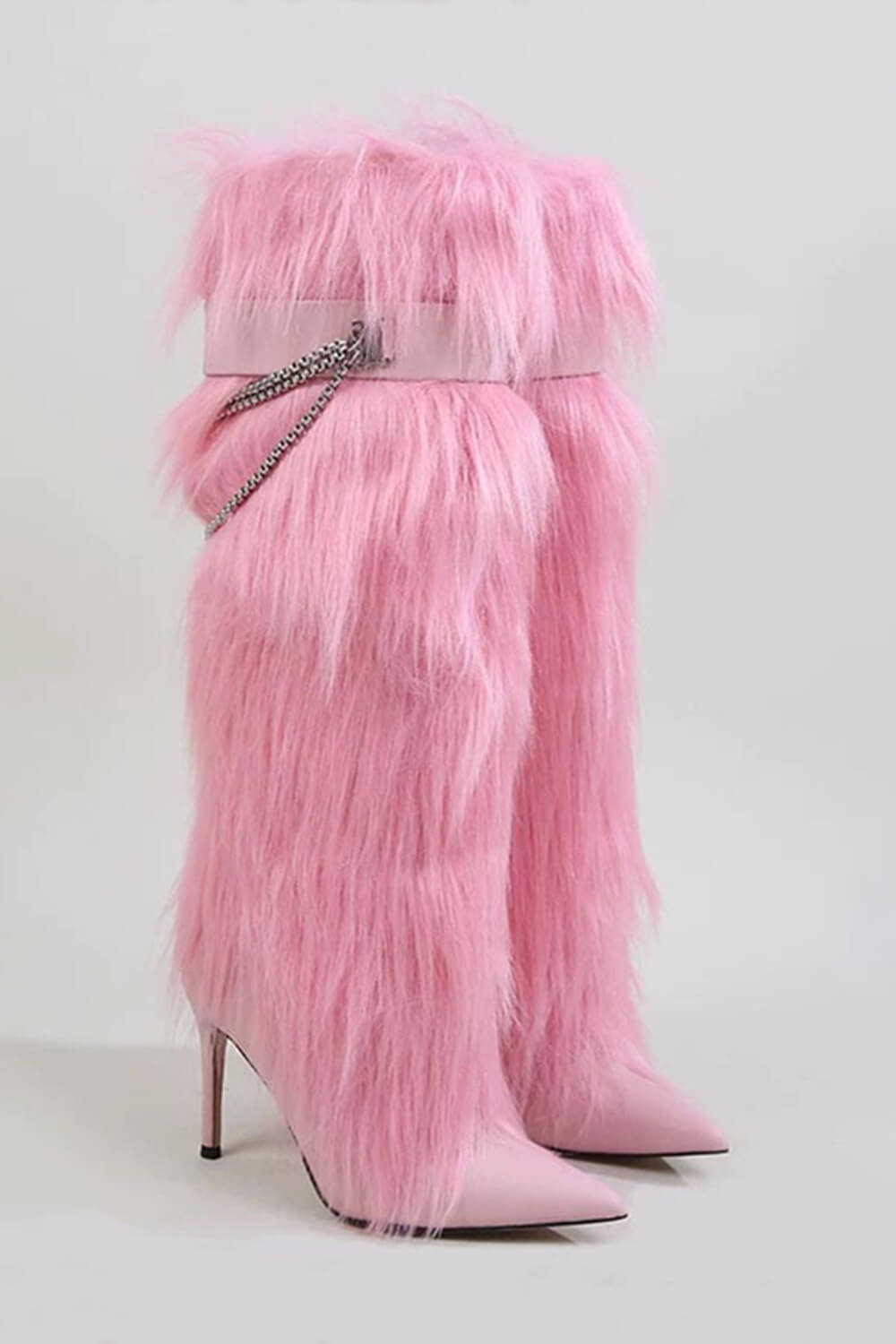 Belted Chain Folded Faux Fur Stiletto Knee High Boots