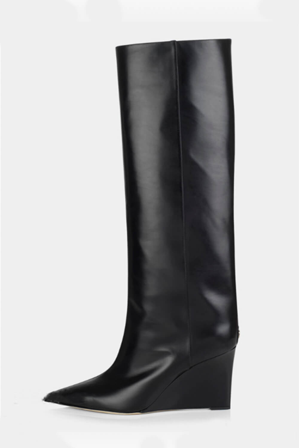 Sharp Pointed Toe Knee High Wedge Boot - Black