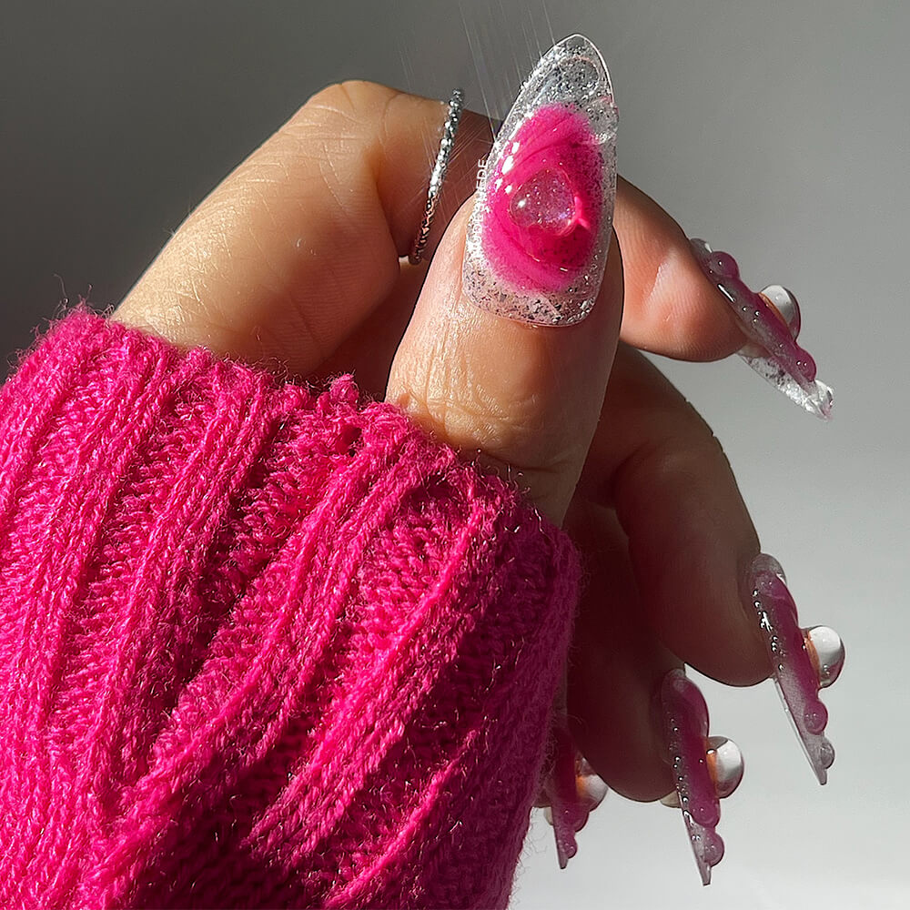 Hot Pink Heart Medium Almond Press On Fake Nails