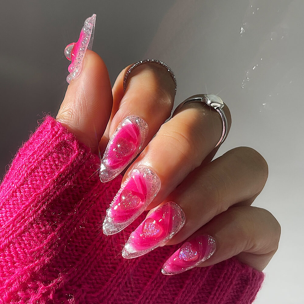 Hot Pink Heart Medium Almond Press On Fake Nails
