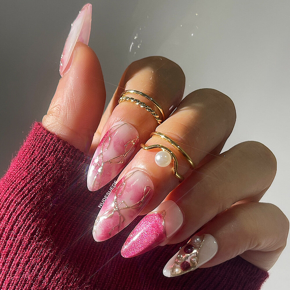 Ruby Marble Medium Almond Press On Fake Nails