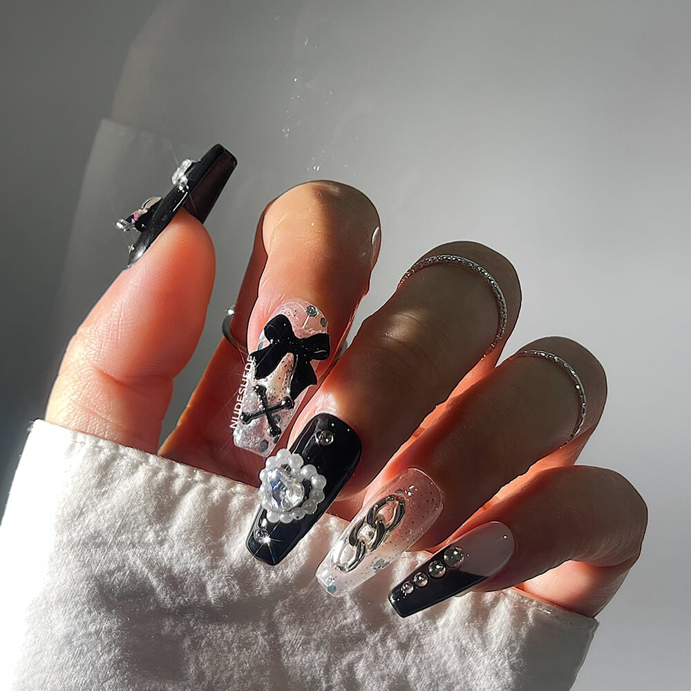 Kuromi Medium Coffin Press On Manicure Nails With Rhinestones