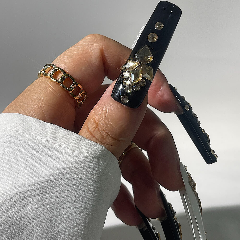 Rhinestone-Embellished X-Long Square Press On Manicure Nails
