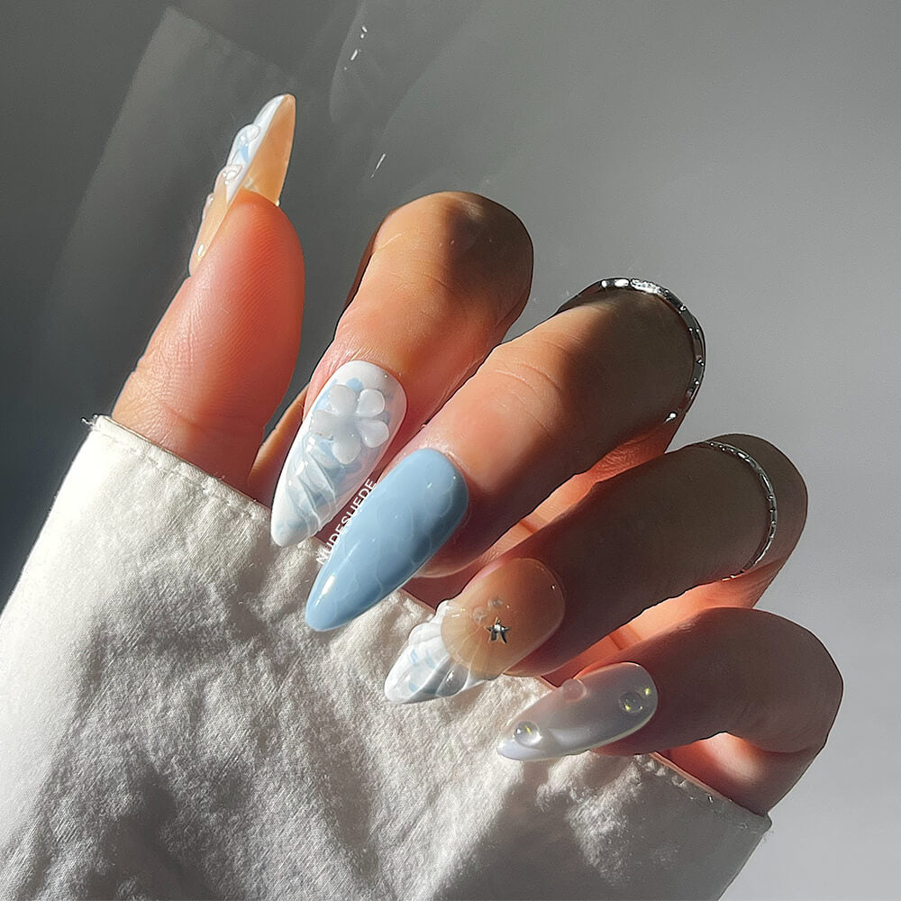 Blue Ocean Medium Almond Press On Fake Nails