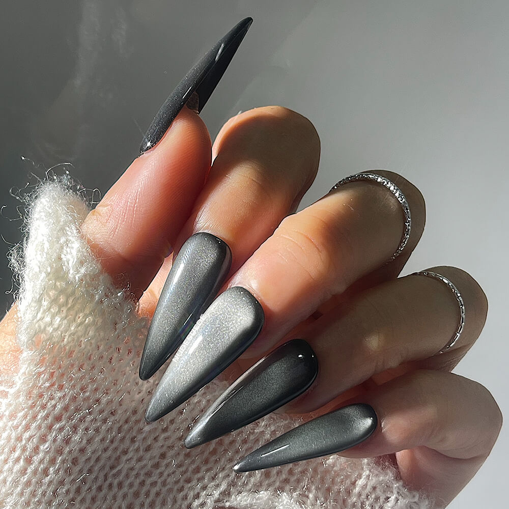 Grey Ombre Cateye Long Stiletto Press On Manicure Nails