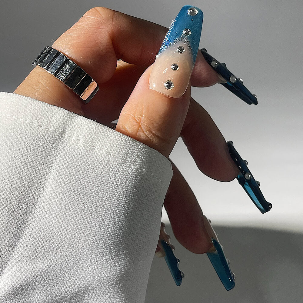 Blue Butterfly Long Coffin Press On Manicure Nails With Rhinestones