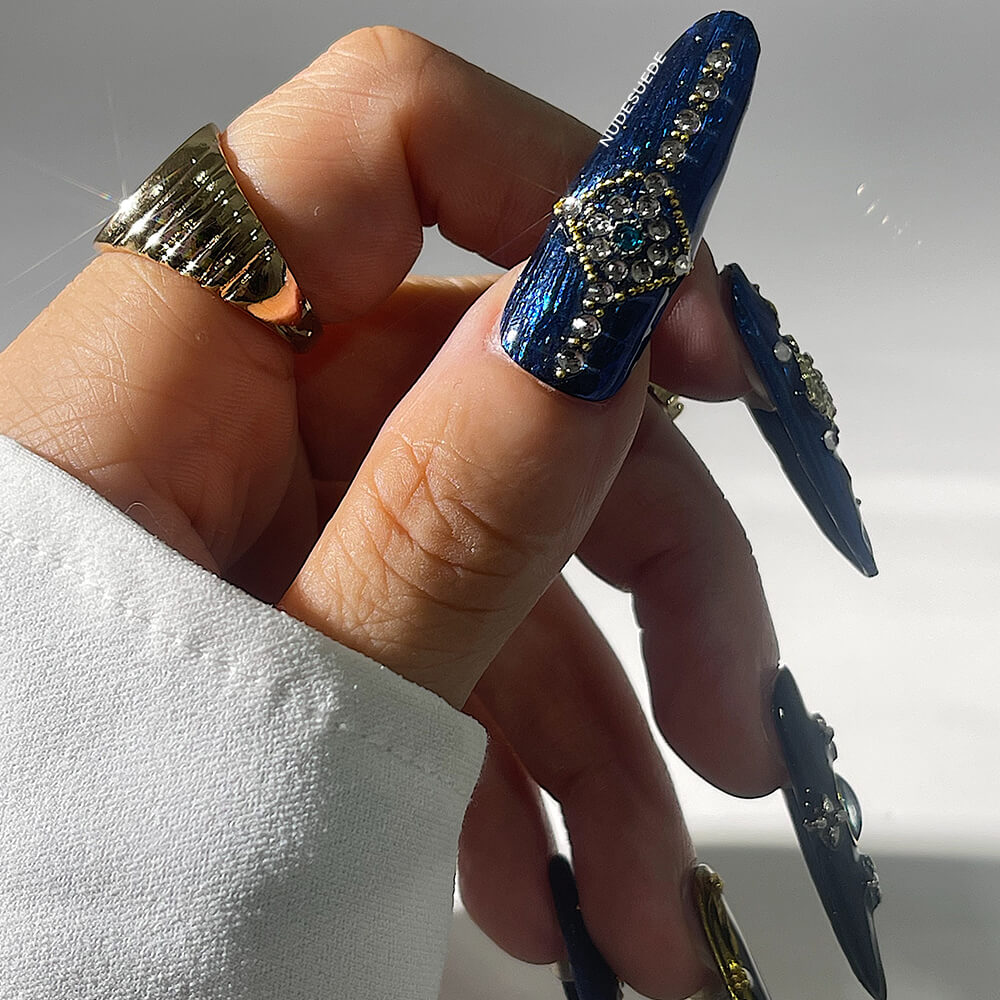 Blue Palace X-Long Almond Press On Manicure Nails With Rhinestones