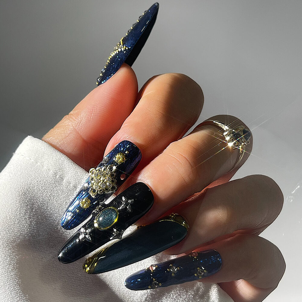 Blue Palace X-Long Almond Press On Manicure Nails With Rhinestones