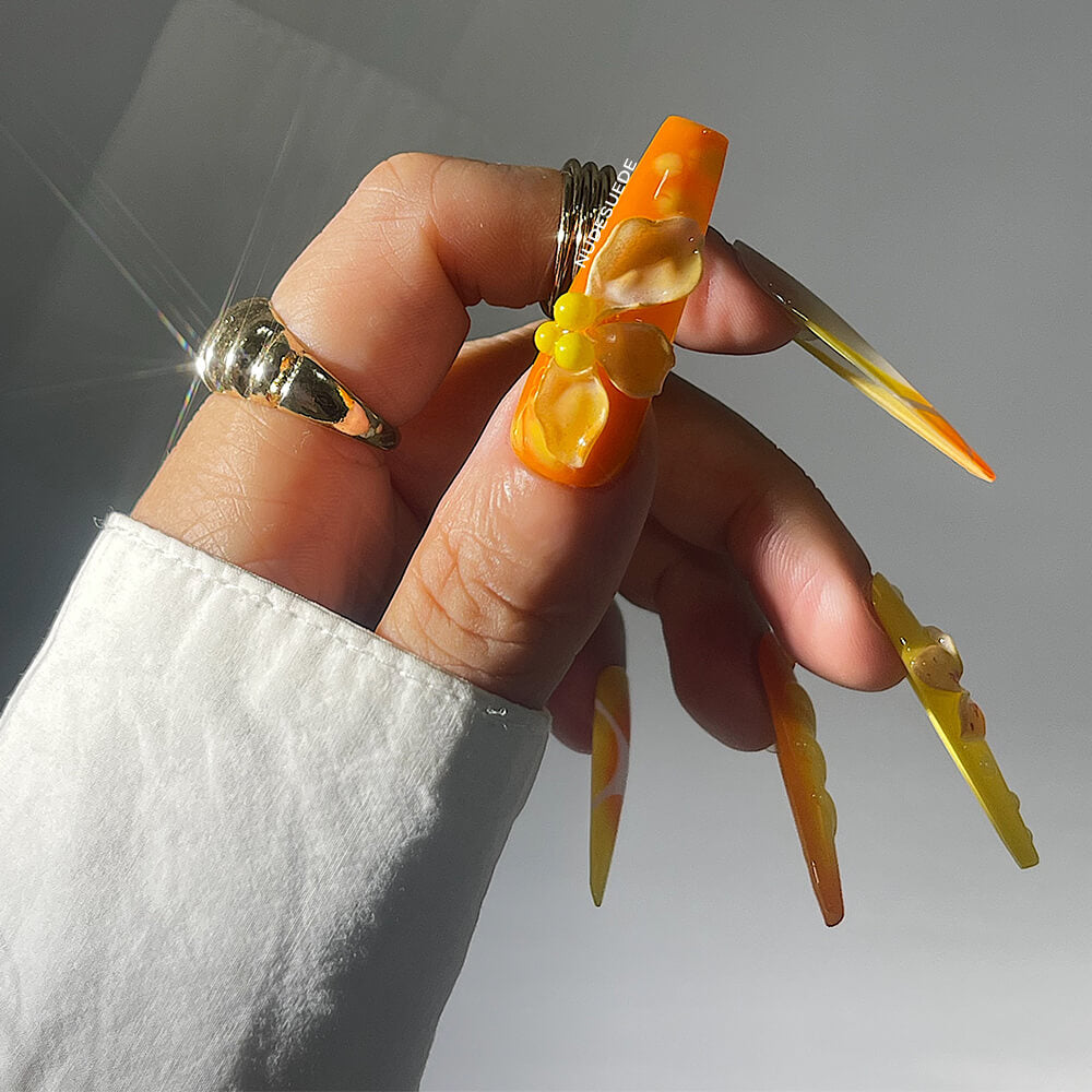 Orange Blossom X-Long Coffin Press On Manicure Nails With Rhinestones