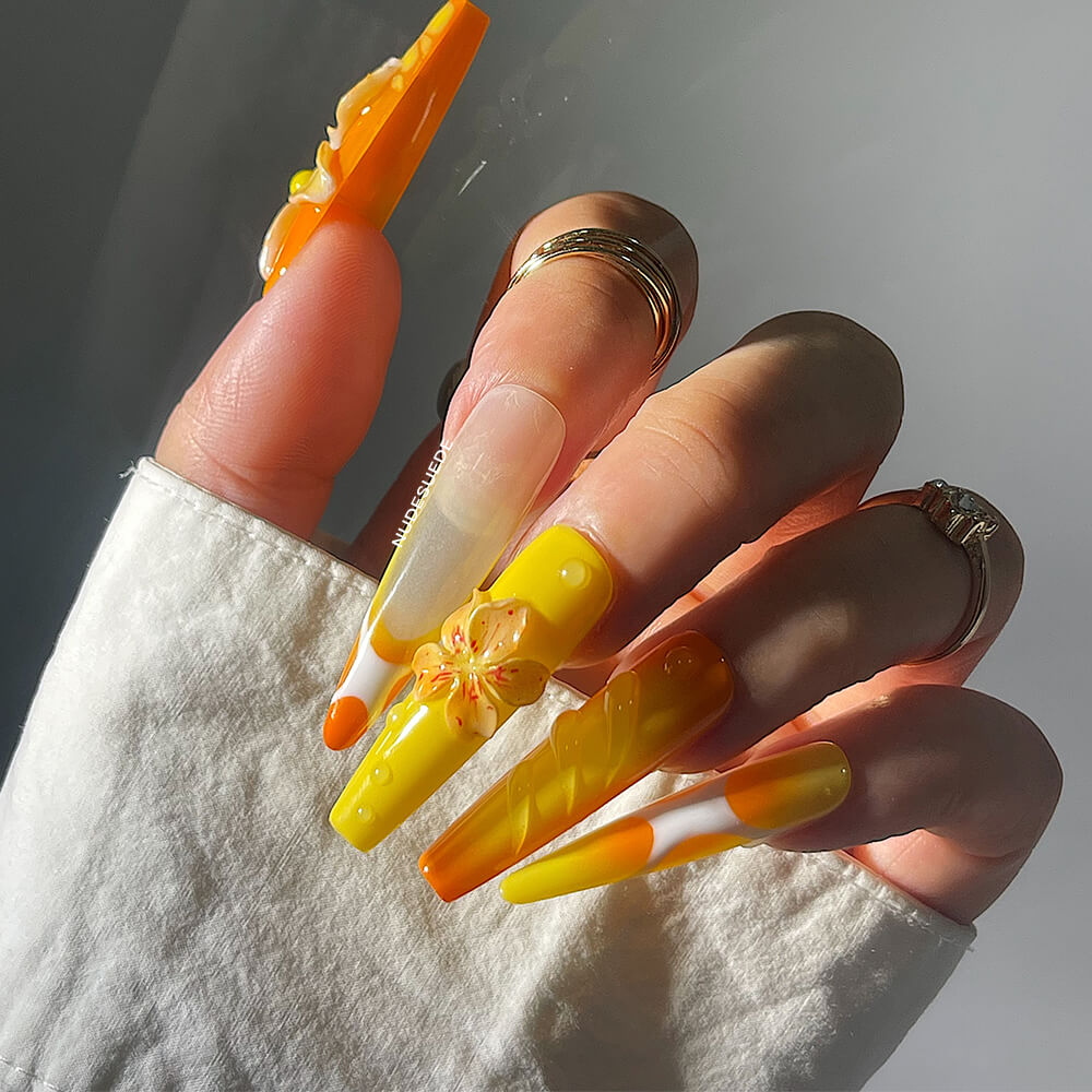 Orange Blossom X-Long Coffin Press On Manicure Nails With Rhinestones