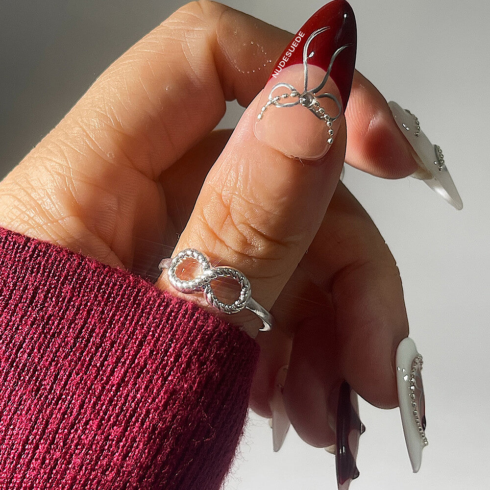 Red Knot Medium Almond Press On Nails With Beads