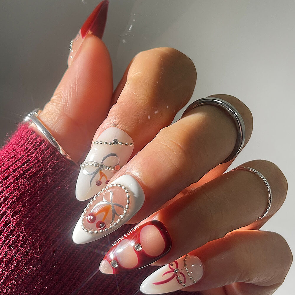 Red Knot Medium Almond Press On Nails With Beads